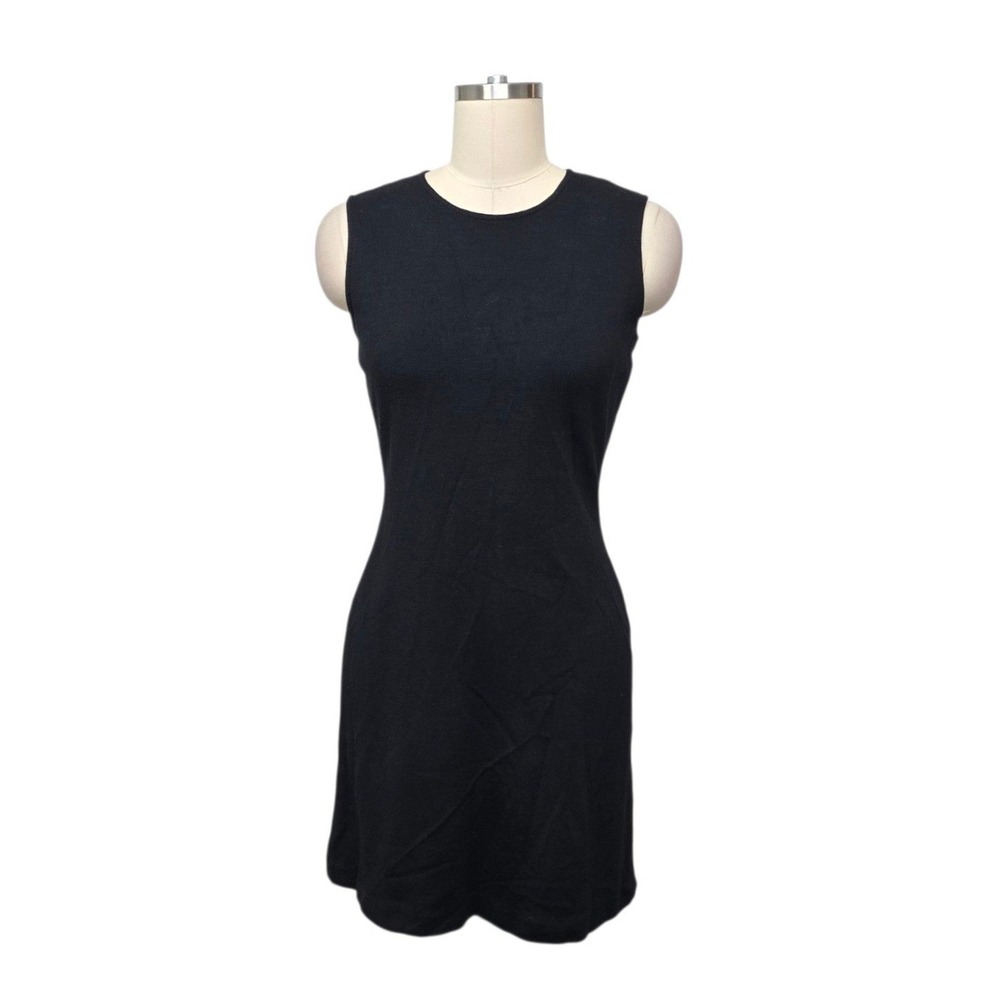 St. John Black Sleeveless Santana Knit Sheath Dress Size 4 Crew Neck Back Zip